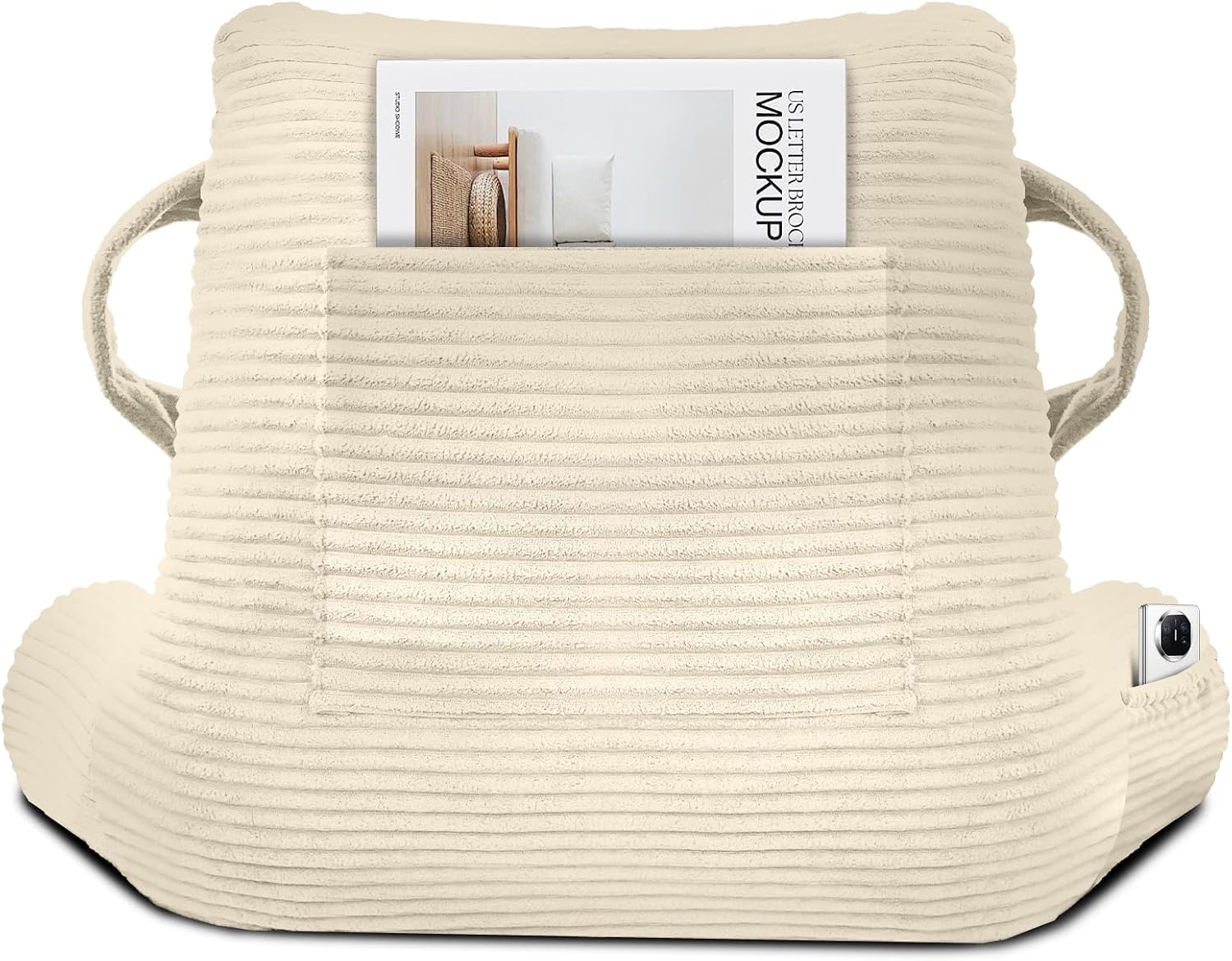 Reading Pillow for Sitting in Bed Adult, Bed Reading Pillow with Shredded Memory Foam, Back Pillow for Sitting with Arms and Pockets, Beige