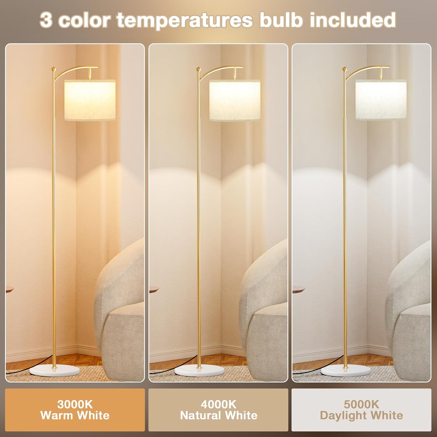 Ambimall 60" Floor Lamp for Living Room with 3 Color Temperatures, Gold Standing Lamp with White Marble Base, Modern Tall Lamp for…