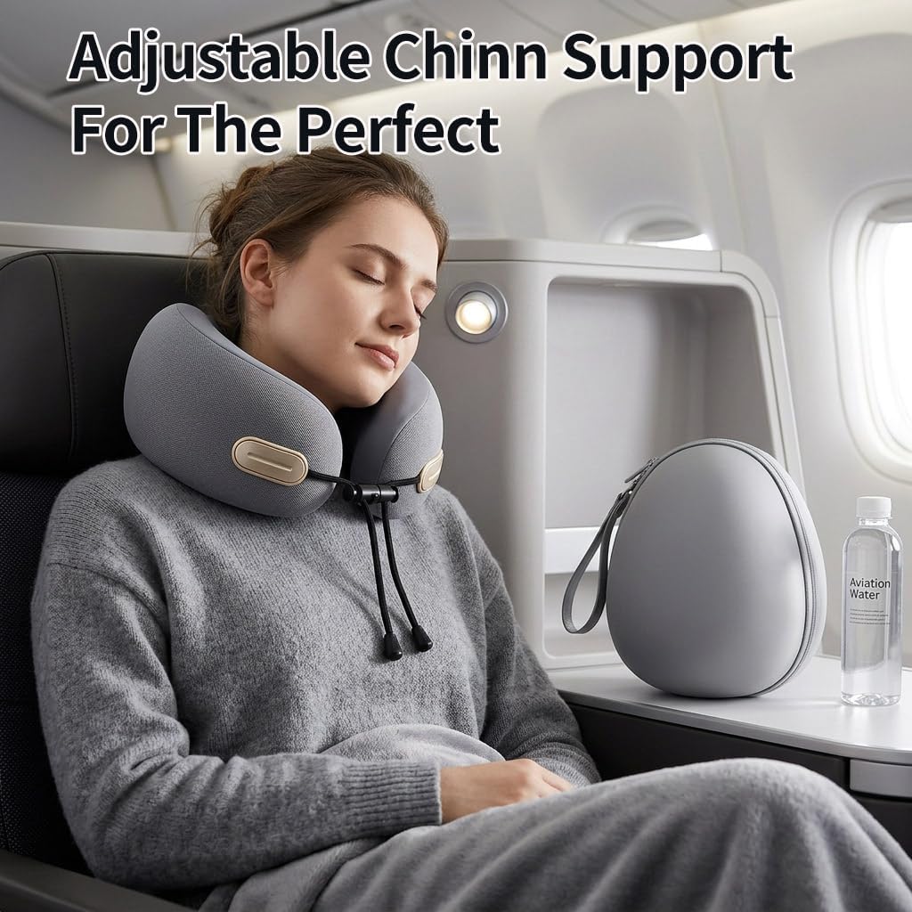 Ziurfys Travel Neck Pillow with Storage Case, 100% Pure Memory Foam, Airplane Head Support for Flight Sleeping, Portable, Gray Gray