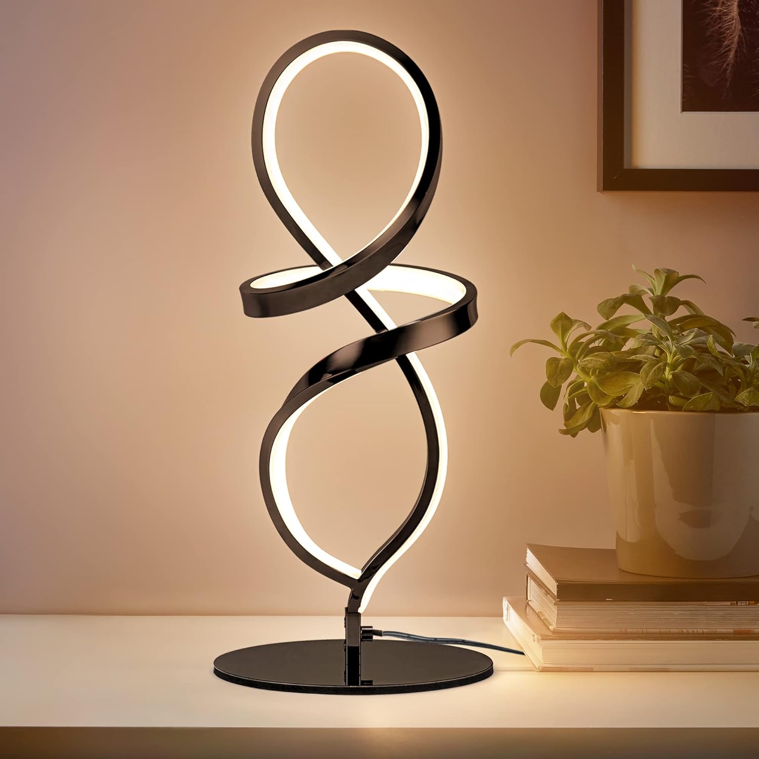 Mayful Modern Table Lamp with LED Unique Spiral Design, Small Nightstand Lamp with Stepless Dimming Switch, Black Bedside Lamps for…