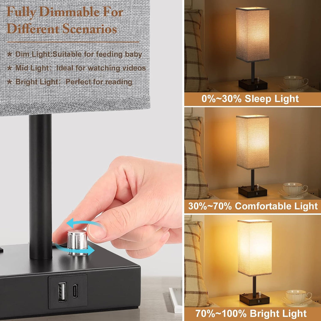 aooshine Gray Fully Dimmable Nightstand Lamps Set of 2 - Table Bedside Lamp with USB C+A Charging Ports & 2 AC Outlets, Square Lamp Sets…