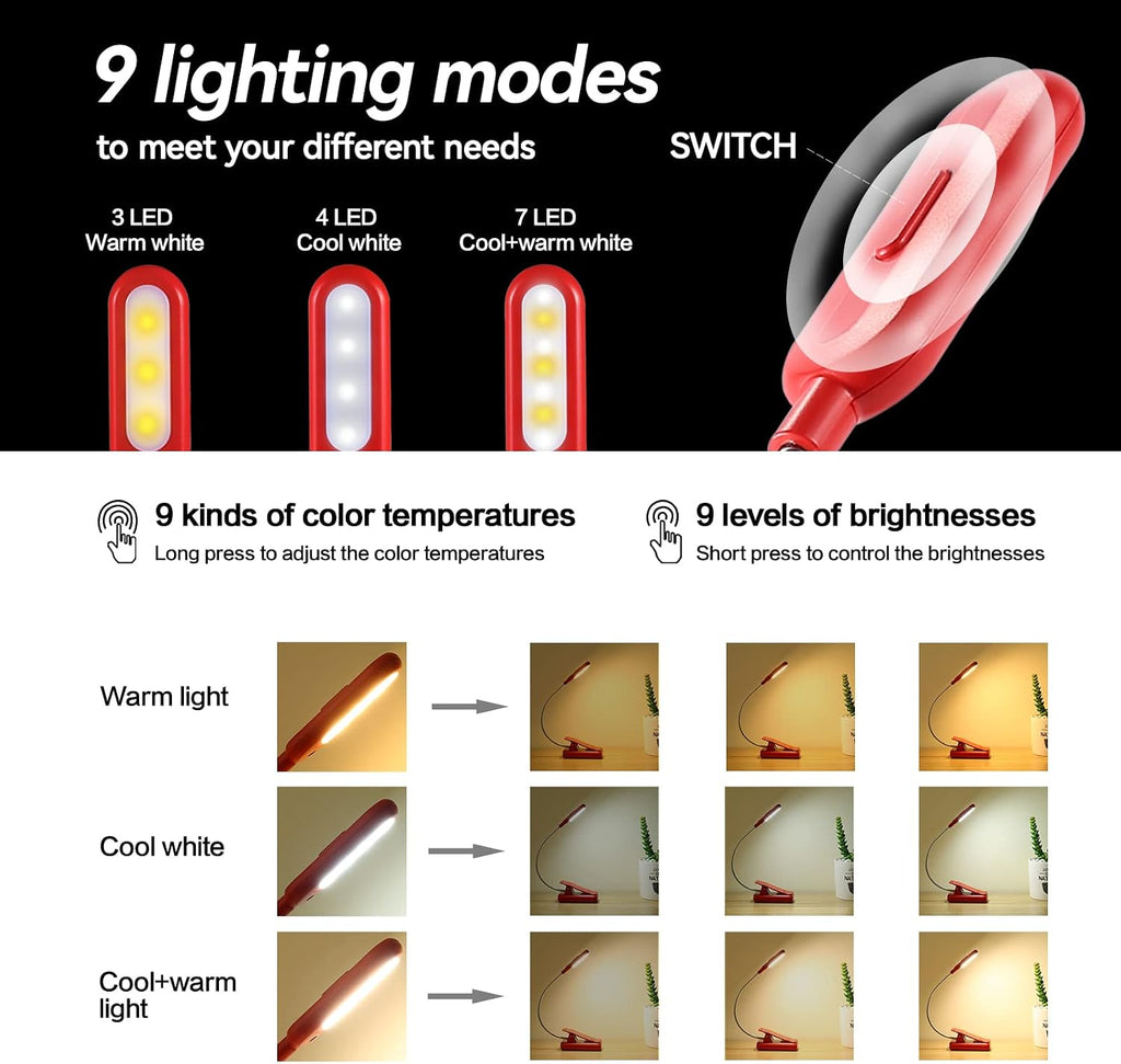 Vavofo Rechargeable Book Light for Reading in Bed Kids, 7 LED Reading Light with 9-Level Warm Cool White Daylight, Eye comfort Lamp with…