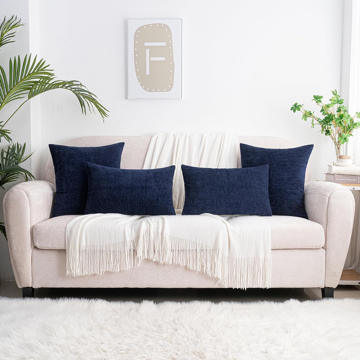 Hwy50 HWY 50 Navy Blue Couch Pillow Covers 22x22 Inch Pack of 2, Soft Chenille Decorative Throw Pillow Cases Farmhouse for Sofa Living Room…