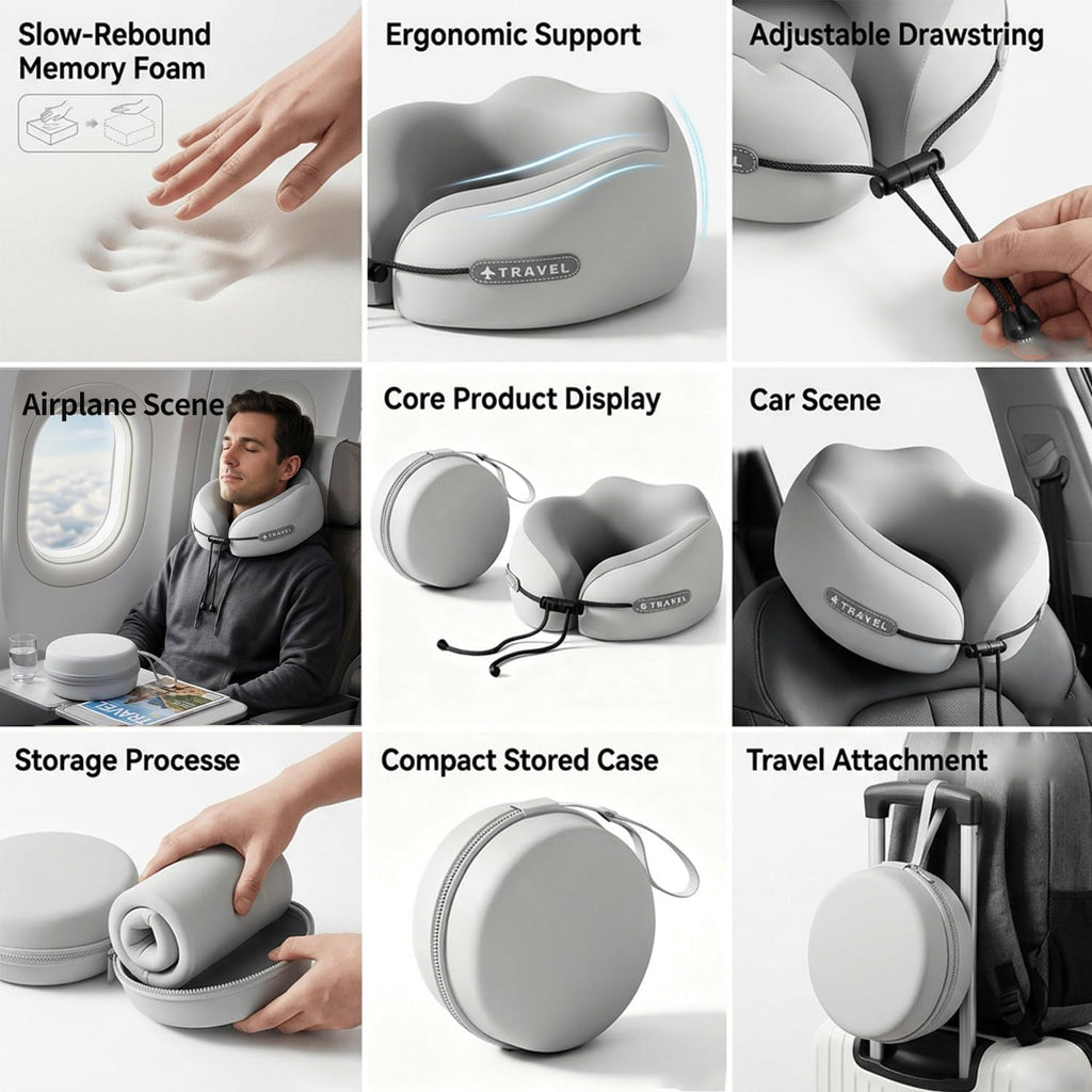 Ziurfys Travel Neck Pillow with Storage Case, 100% Pure Memory Foam, Airplane Head Support for Flight Sleeping, Portable, Gray (Gray…