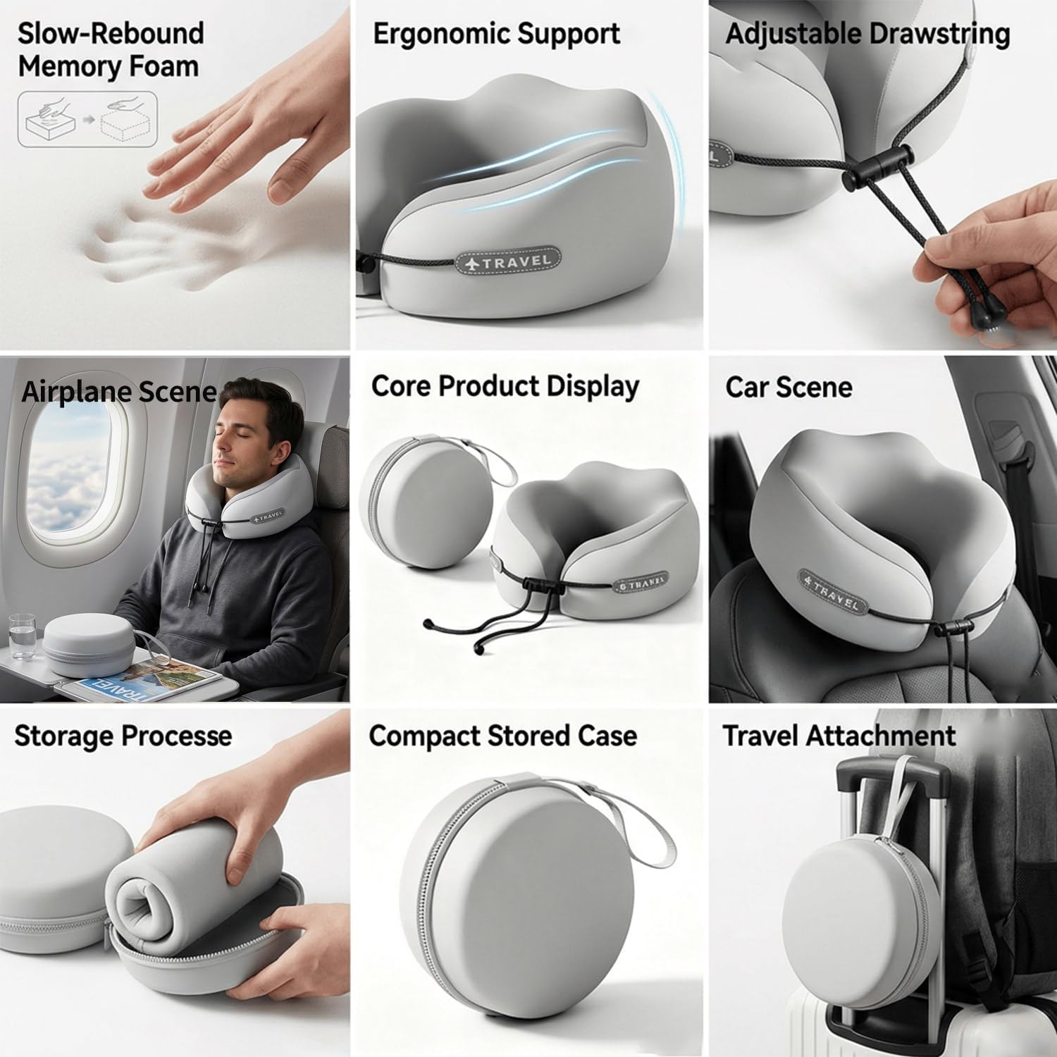 Ziurfys Travel Neck Pillow with Storage Case, 100% Pure Memory Foam, Airplane Head Support for Flight Sleeping, Portable, Gray (Gray…