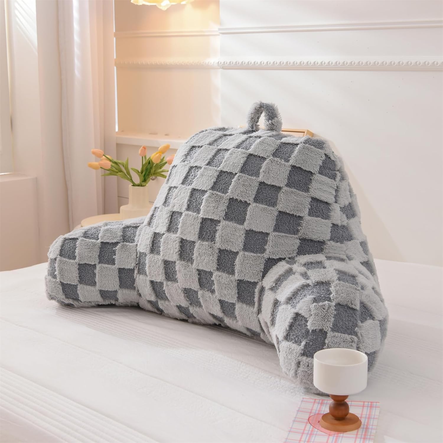 Aimuan Checkered Reading Pillow Bed Rest Wedge Backrest Checkerboard Pillow with Arms Back Support for Sitting Up in Bed Cushion Incline…
