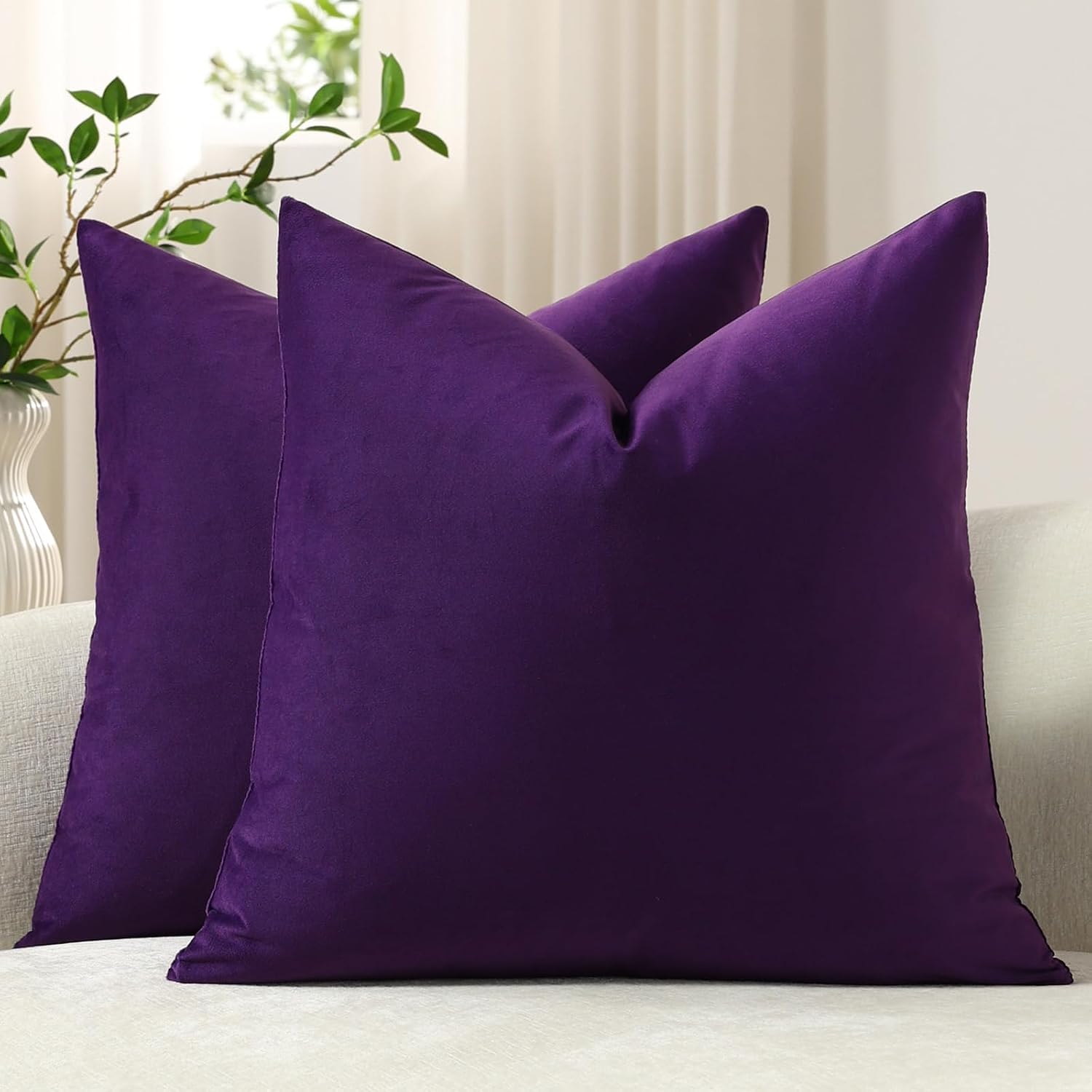 Dezene Euro Sham Covers 24x24 Purple: Pack of 2 Cozy Soft Velvet Square Modern Luxury Decorative Throw Pillow Cases for Sofa Couch Living R…