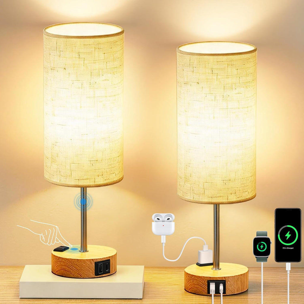 Fitfull 2-Pack Table Lamps, High-Sensitivity Touch, 3-Level Dimmable Bedside Lamp with AC Outlet | USB | and USB-C, Ideal Nightstand…
