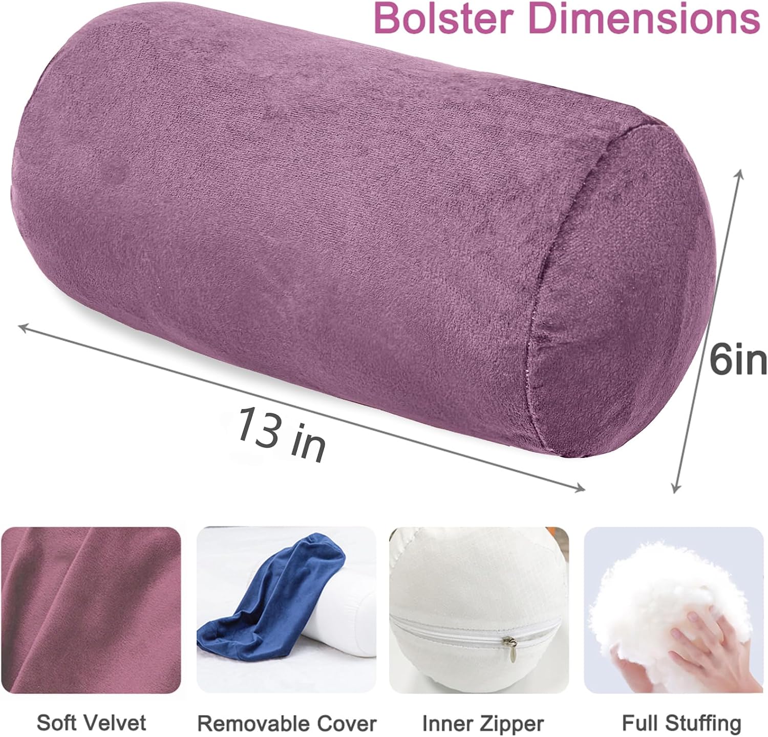 1 MIDDLE ONE Round Cylinder Bolster Pillow with Removable Velvet Cover, Tube Roll Cervical Pillow for Head, Neck, Back and Legs Support…