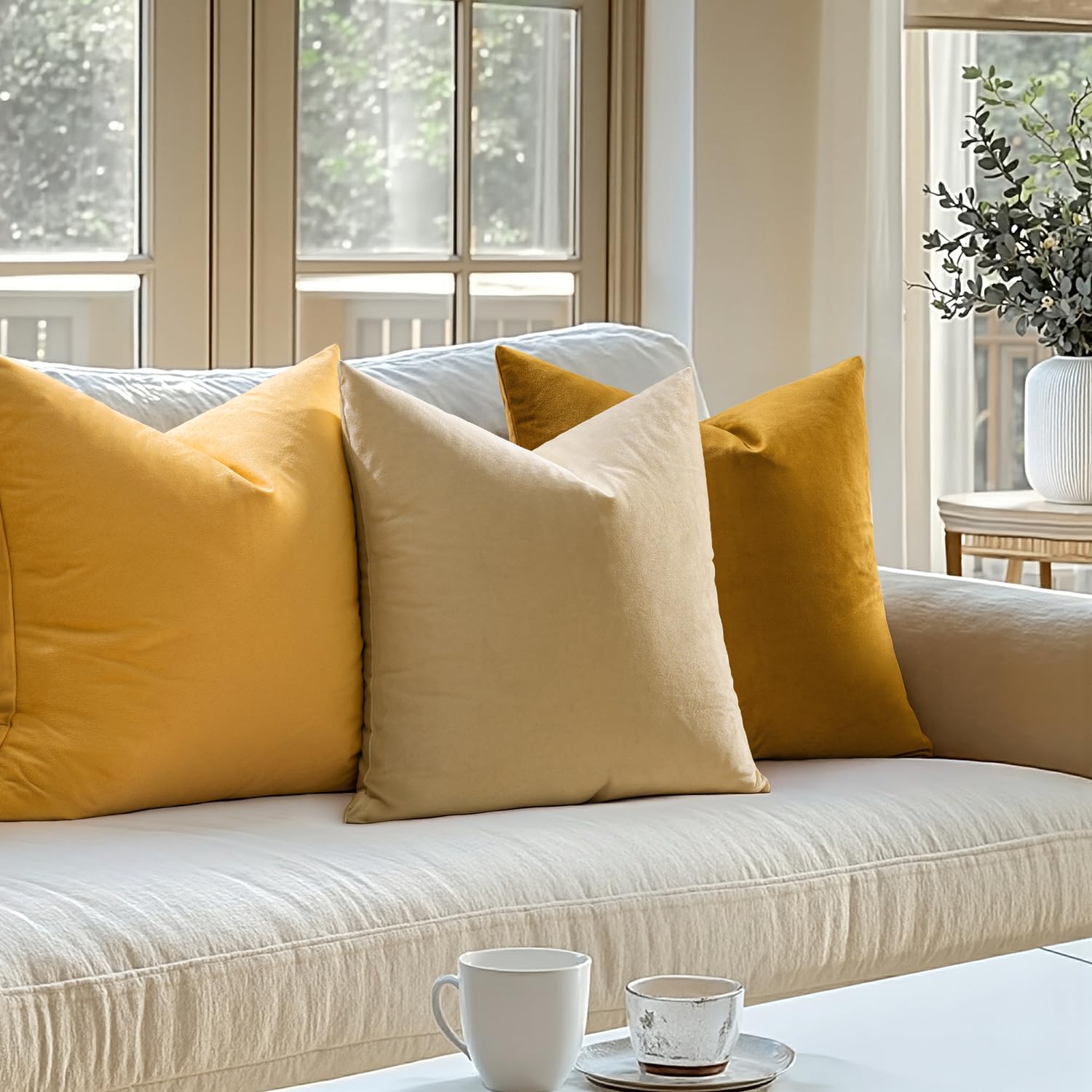 Miulee 24x24 Inch Euro Sham Velvet Pillow Covers, Set of 2 Large Square Spring Decorative Pillows -Mustard Yellow Super Soft for King Bed,…