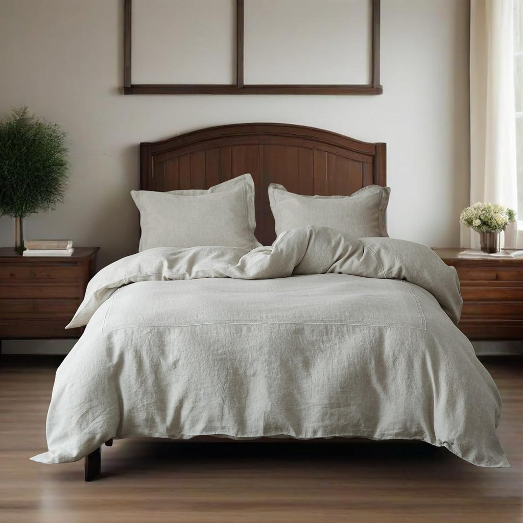 Simple&Opulence 100% Washed Linen Duvet Cover Set 88"x92" - 3 Pieces Soft Farmhouse Comforter Set Double Embroidered with Button Closure…
