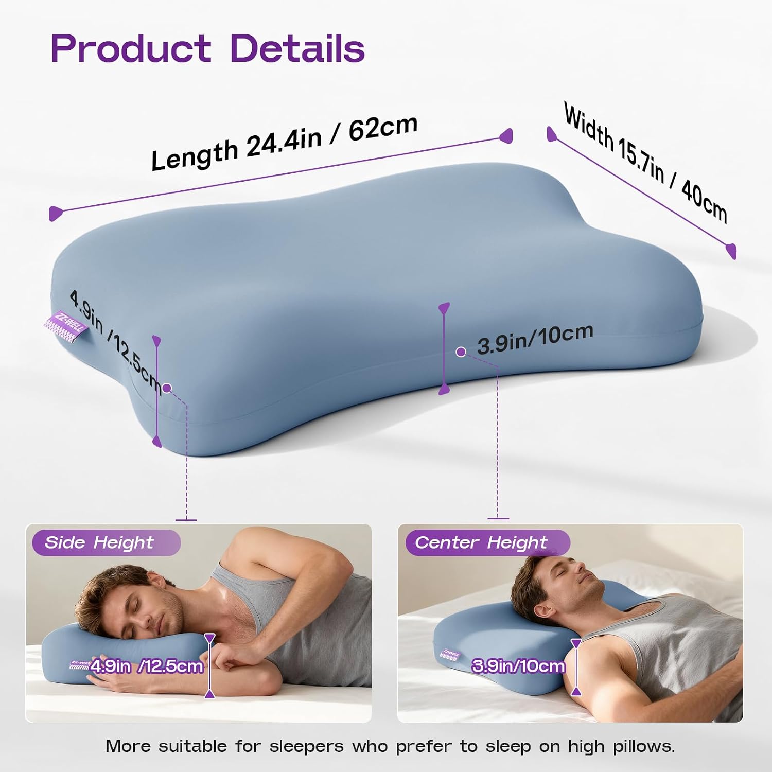 ZZ-WELL Side Sleeper Pillow - Patented Cervical Neck Pillow for Sleeping with Cooling Cover - High Loft Heavy Density Memory Foam Pillows…