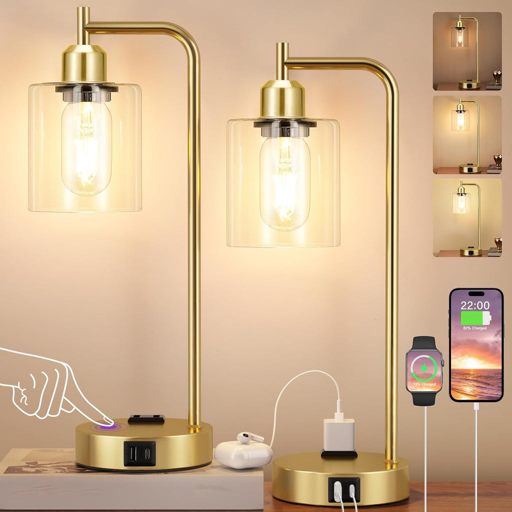 Innqoo Industrial Gold Table Lamp for Bedrooms Set of 2-3-Way Dimmable Desk Lamp with USB C+A Ports and Outlet, Gold Lamps with Clear…