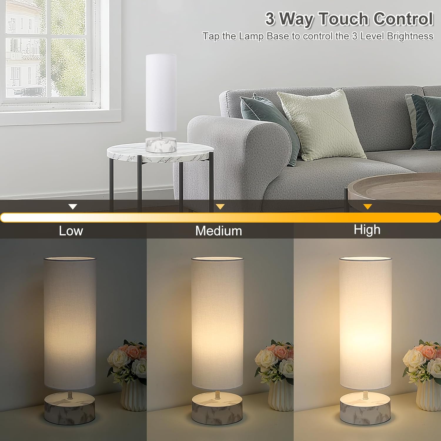 Touch Table Lamp with Metal Base Covered with Marble Grain, 3 Way Dimmable Modern Bedside Nightstand Lamp with White Shade, Simple Night…