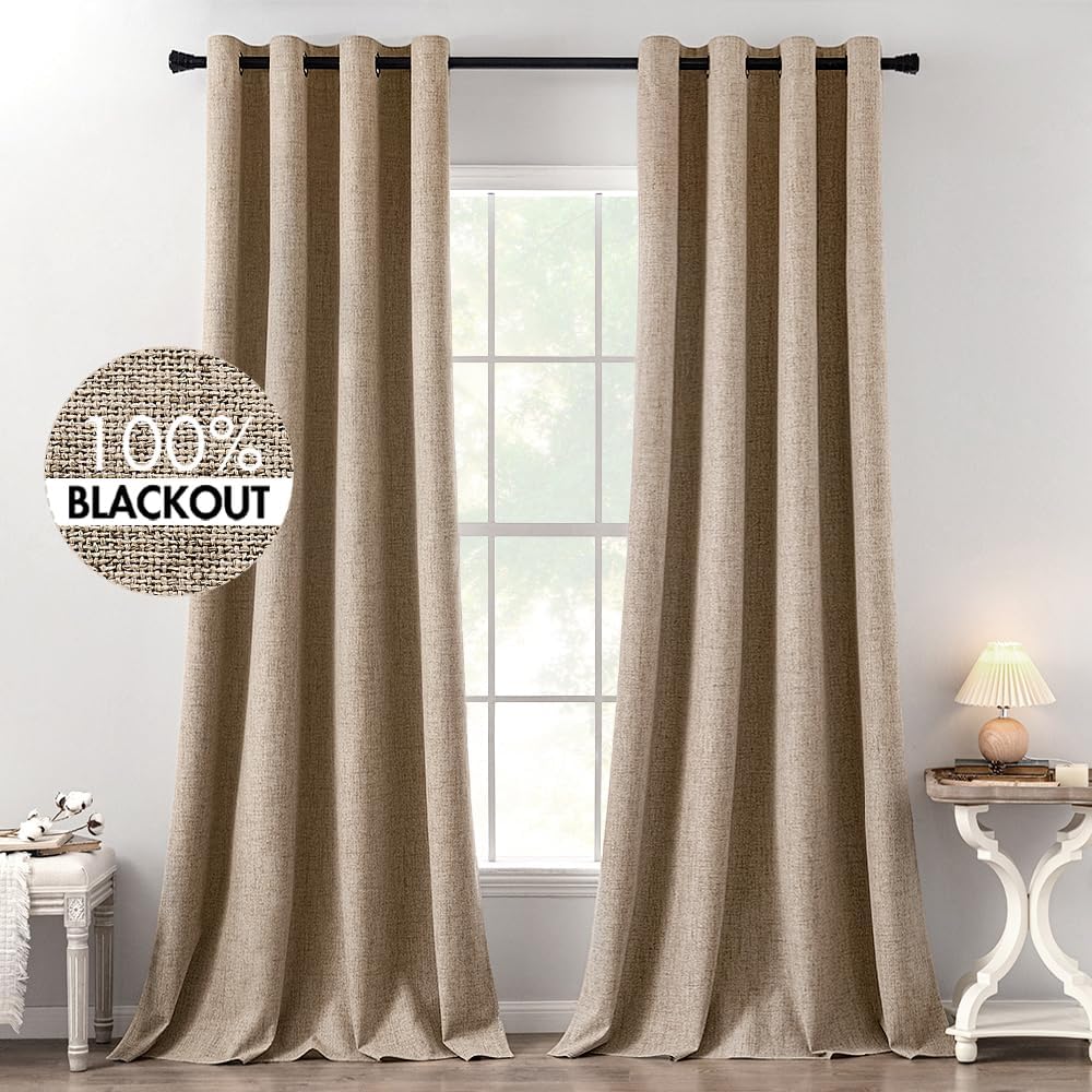 Miulee 100% Blackout Linen Textured Curtains for Bedroom Solid Thermal Insulated Copper Brown Grommet Room Darkening Curtains & Drapes Luxu…