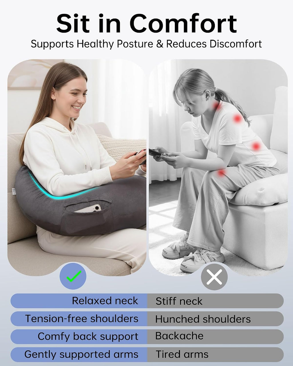 Enitya Extra Large Ergonomic Gaming & Reading Pillow with Arm & Elbow Support, U-Shaped Lap Pillow for Crocheting, Knitting, Nursing, Working, o…