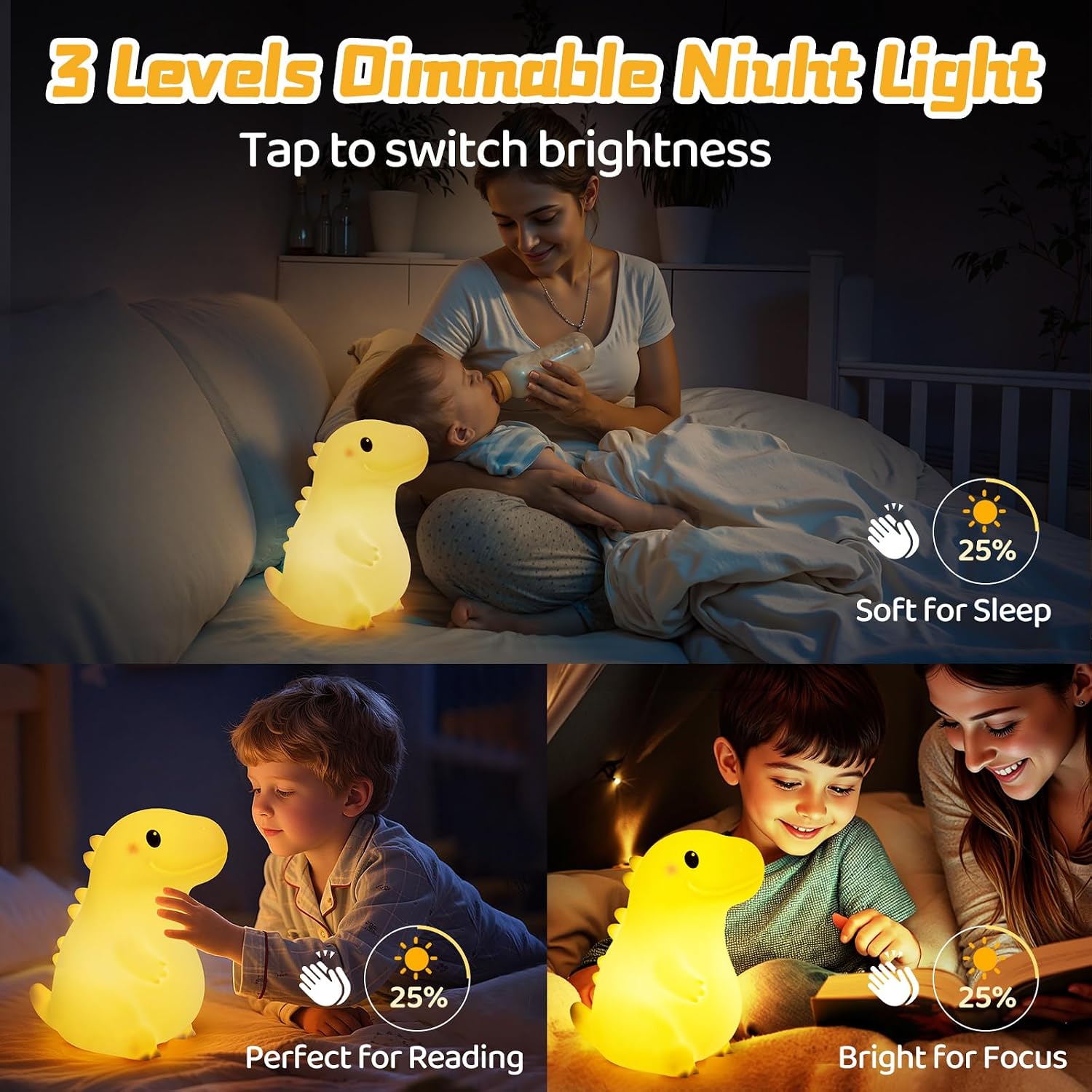 Mewaii Big Dinosaur Night Light for Kids, 7.8 in & 18 Funny Sounds Squishy Silicone Dinosaur Lamp with 3-Level Brightness, Rechargeable…