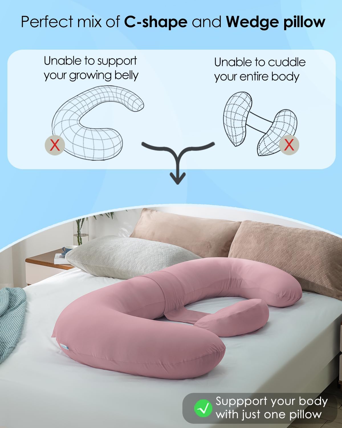 Queenrose QUEEN ROSE Cooling Pregnancy Pillows, E Shaped Maternity Pillow for Sleeping, with Extra Wedge Pillow for Belly Support, 60 Inch…