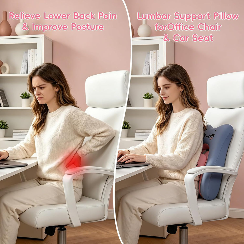 Bebas Lumbar Support Pillow for Car & Office Chair - Ergonomic Back Support Cushion with Adjustable Memory Foam Bolster, Cute Cartoon Desig…