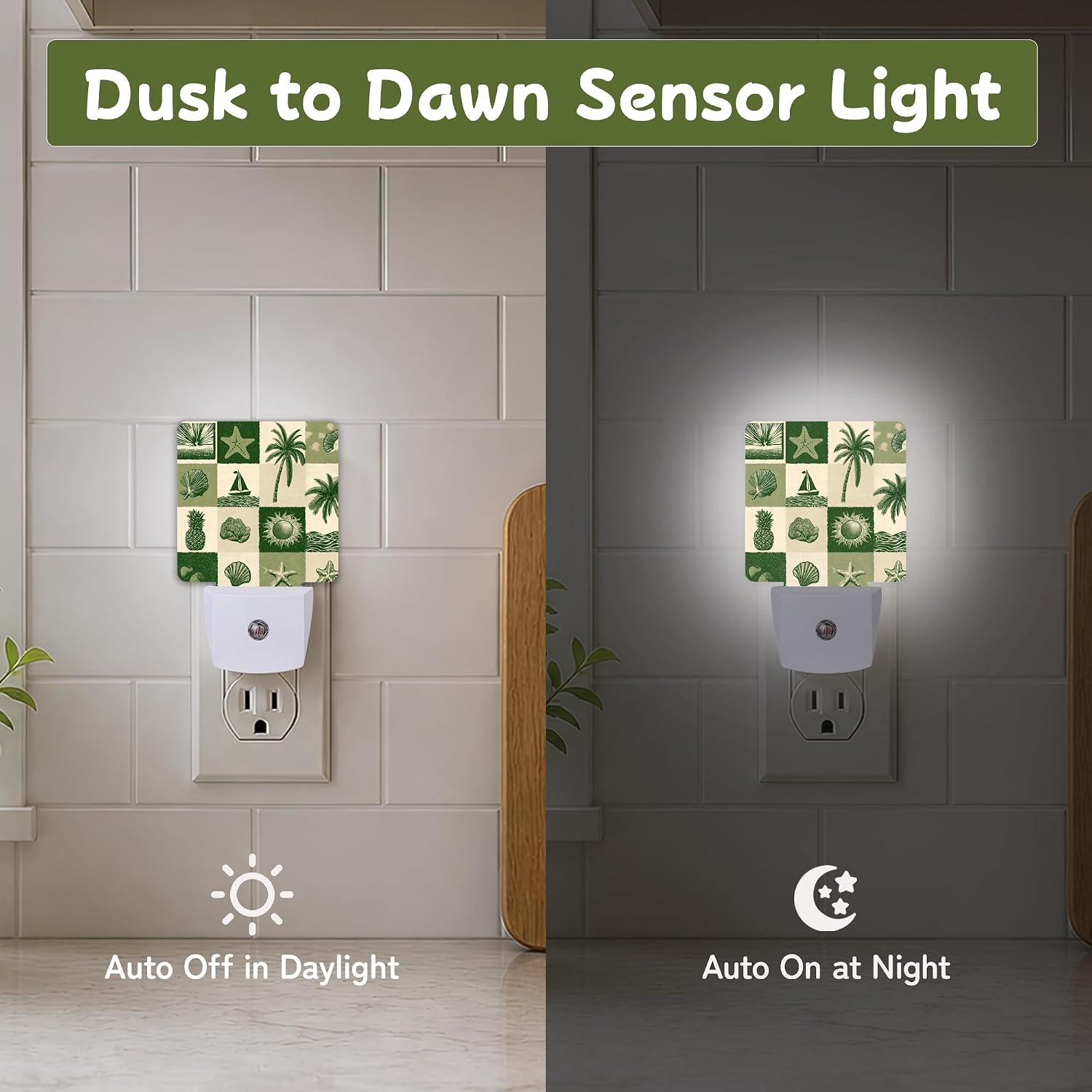 Night Light, Coastal Beach Patchwork Night Lights Plug into Wall for Bedroom Bathroom Hallway Kitchen, Dusk to Dawn Sensor Decorative…