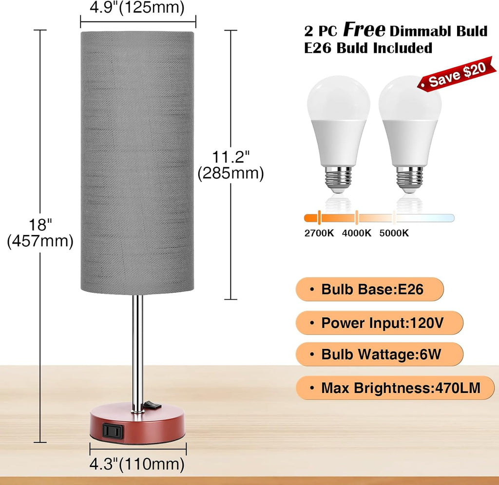 ZJOJO Table Lamp for Bedroom 2 Pack,18in Bedside Lamps with 3 Way Dimmable Rocker Switch & AC Outlet, Nightstand Desk Lamp with Gray…