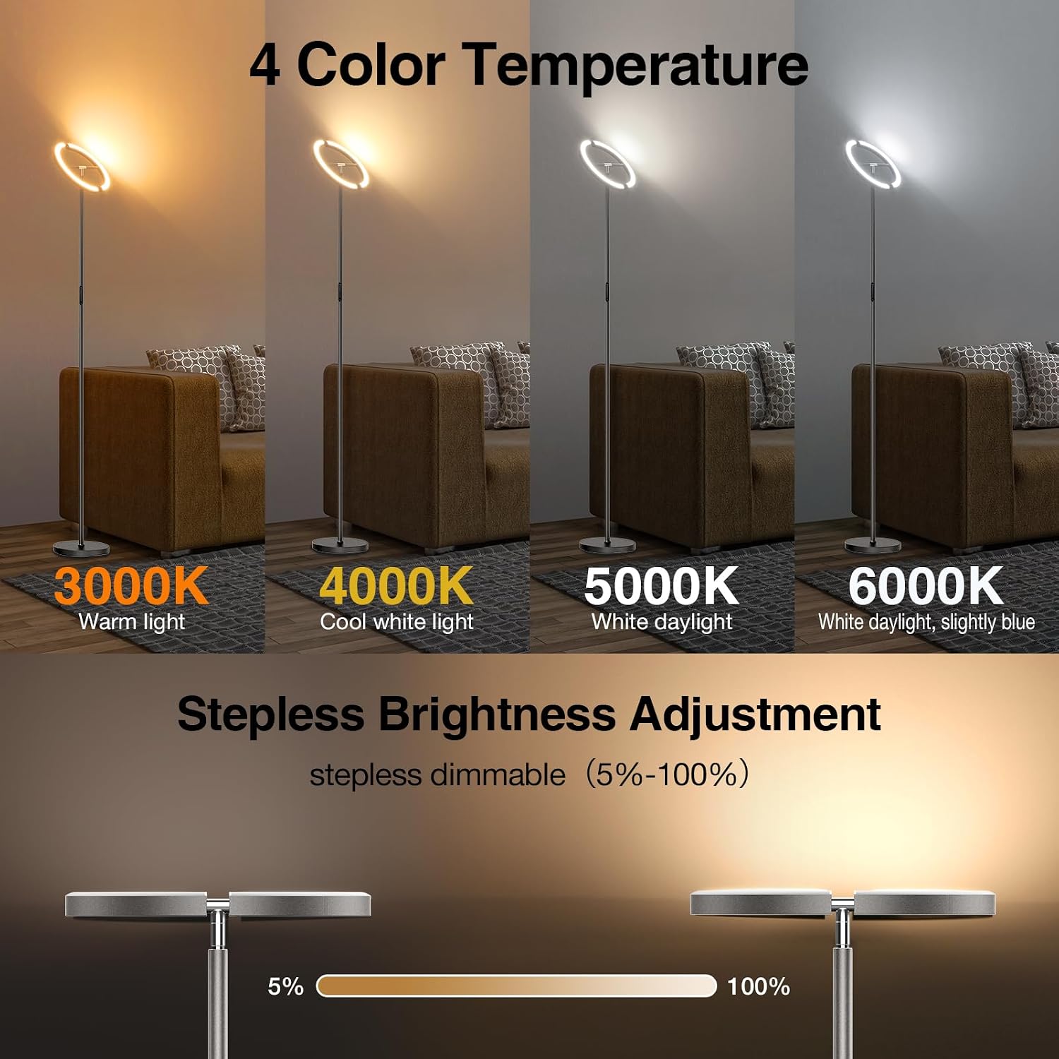 SIBRILLE Gunmetal Gray LED Floor Lamp - Rotatable Standing Lamp for Living Room Bedroom, 22W Dimmable Floor Readig Light with…