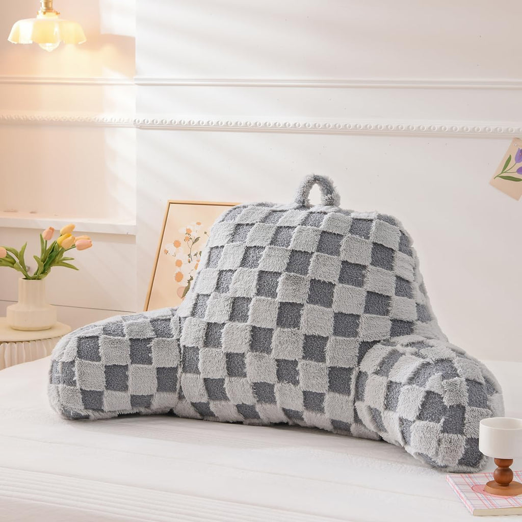 Holawakaka Checkered Reading Pillow for Bed and Sofa Couch Sitting Up, Backrest Pillows with Arms for Kids Teens Adults, Back Support Cushi…