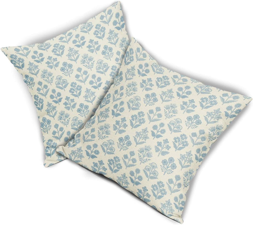 Light Blue Floral Pillow Covers 18x18 Inch Set of 2, Vintage Flower Block Print Pattern Decorative Throw Pillowcases Outdoor Farmhouse…