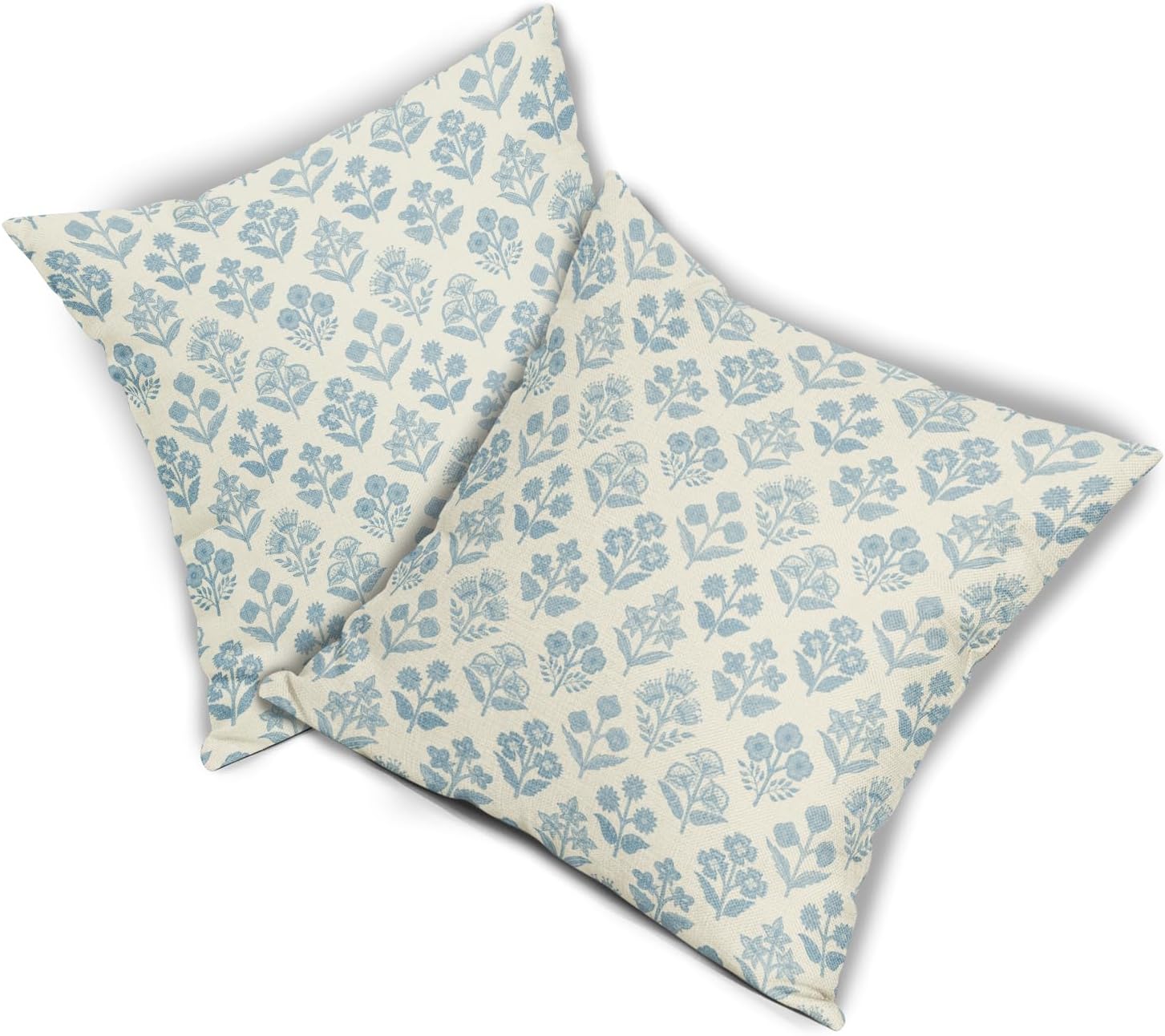 Light Blue Floral Pillow Covers 18x18 Inch Set of 2, Vintage Flower Block Print Pattern Decorative Throw Pillowcases Outdoor Farmhouse…