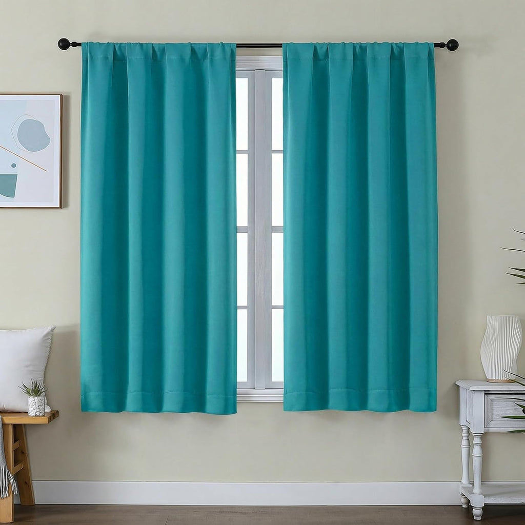 Simplebrand Ava Teal Short Blackout Curtains for Bedroom 54 Inches Long 2 Panels Set, Solid Thermal Insulated, Energy Saving Window Treatme…