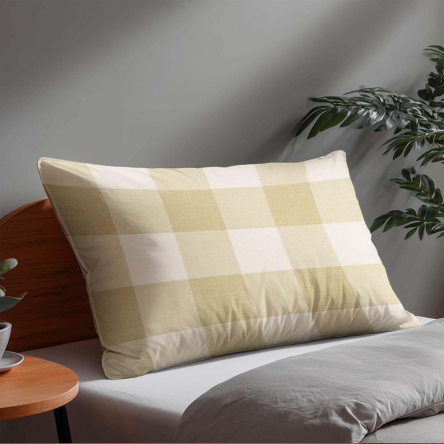 HOMETITUTE Plaid Pillow Covers Decorative Pack of 2 Satin 12x20 Inch Neutral Beige Buffalo Plaid Art Lumbar Throw Pillow Cases for Sofa…