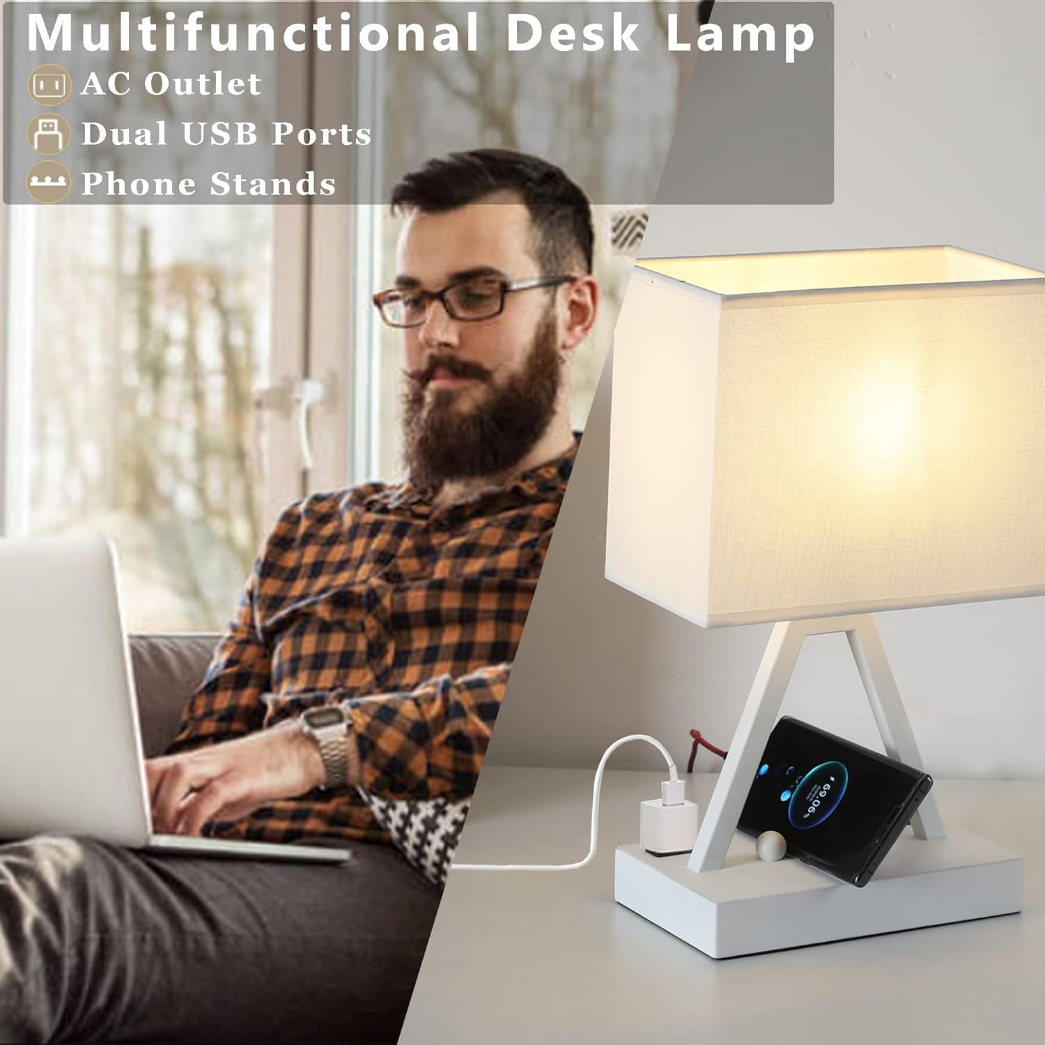 Briever Touch Control Table Lamp, 3-Way Dimmable Desk Lamp with USB C & USB A and AC Outlet, Bedside Lamp with Phone Stands for Bedroom, Li…