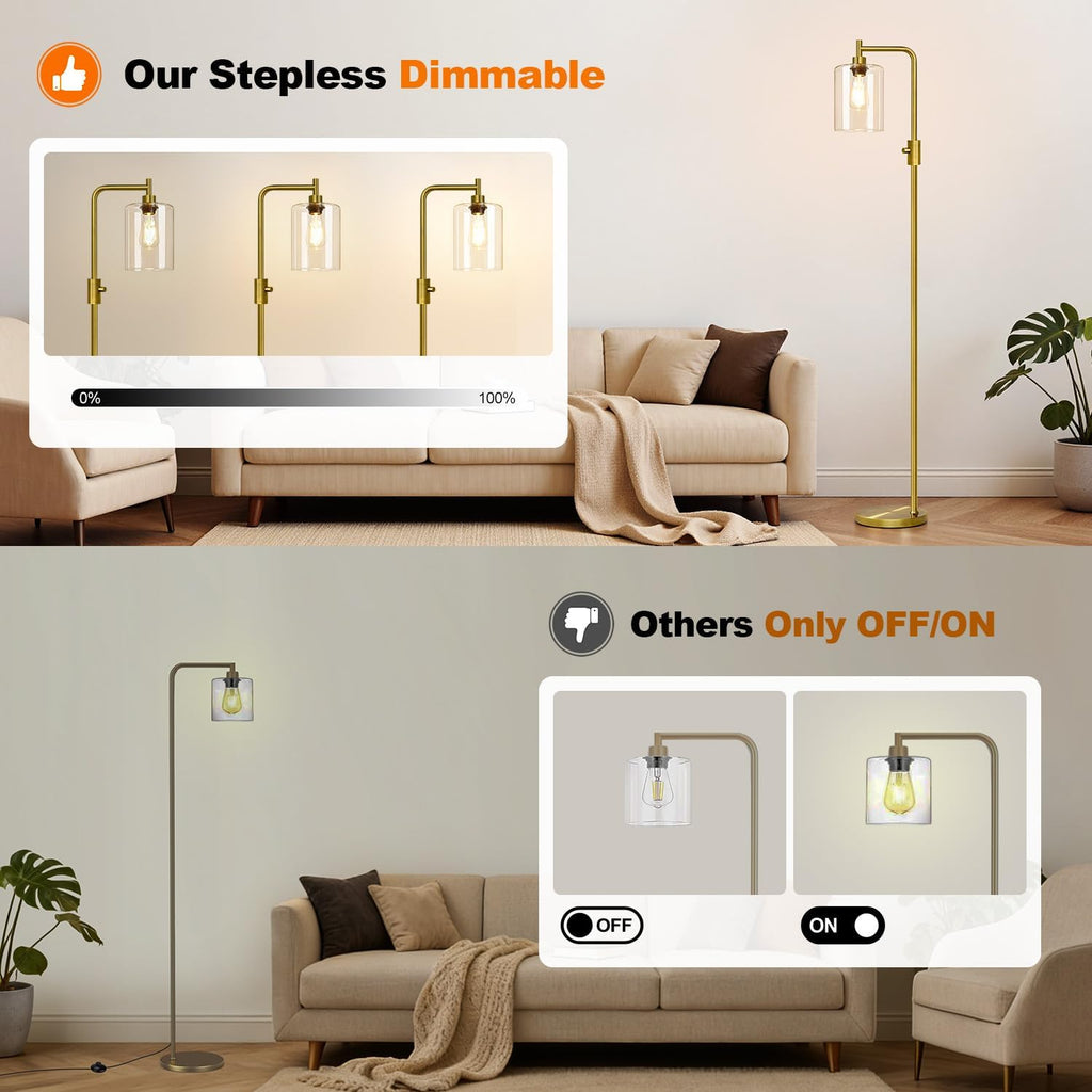 Upgraded】Dimmable Floor Lamp for Living Room with Clear Glass Lampshade, Brass Modern Floor Lamp with 900LM Edison Bulb Included, Bright…