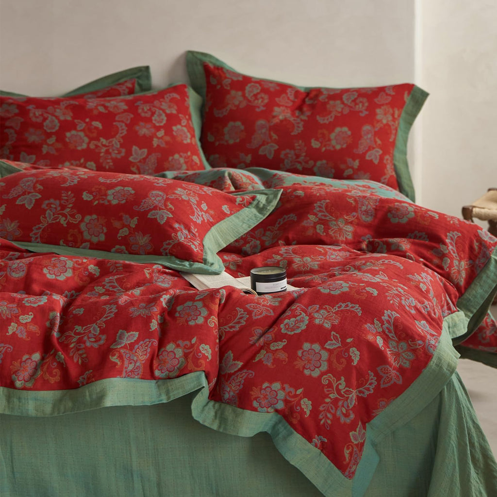 mixinni Exquisite Vintage Red Floral Duvet Cover Queen Size Yarn-Dyed Jacquard Textured Design Duvet Cover Set with Green Edge Design Musli…