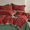 mixinni Exquisite Vintage Red Floral Duvet Cover Queen Size Yarn-Dyed Jacquard Textured Design Duvet Cover Set with Green Edge Design Musli…