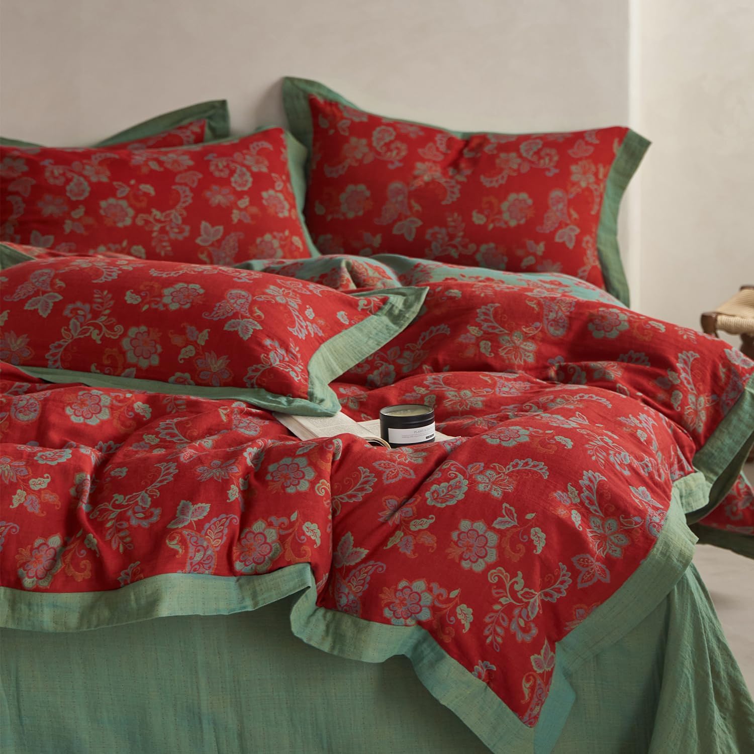 mixinni Exquisite Vintage Red Floral Duvet Cover King Size Yarn-Dyed Jacquard Textured Design Duvet Cover Set with Green Edge Design Muslin…