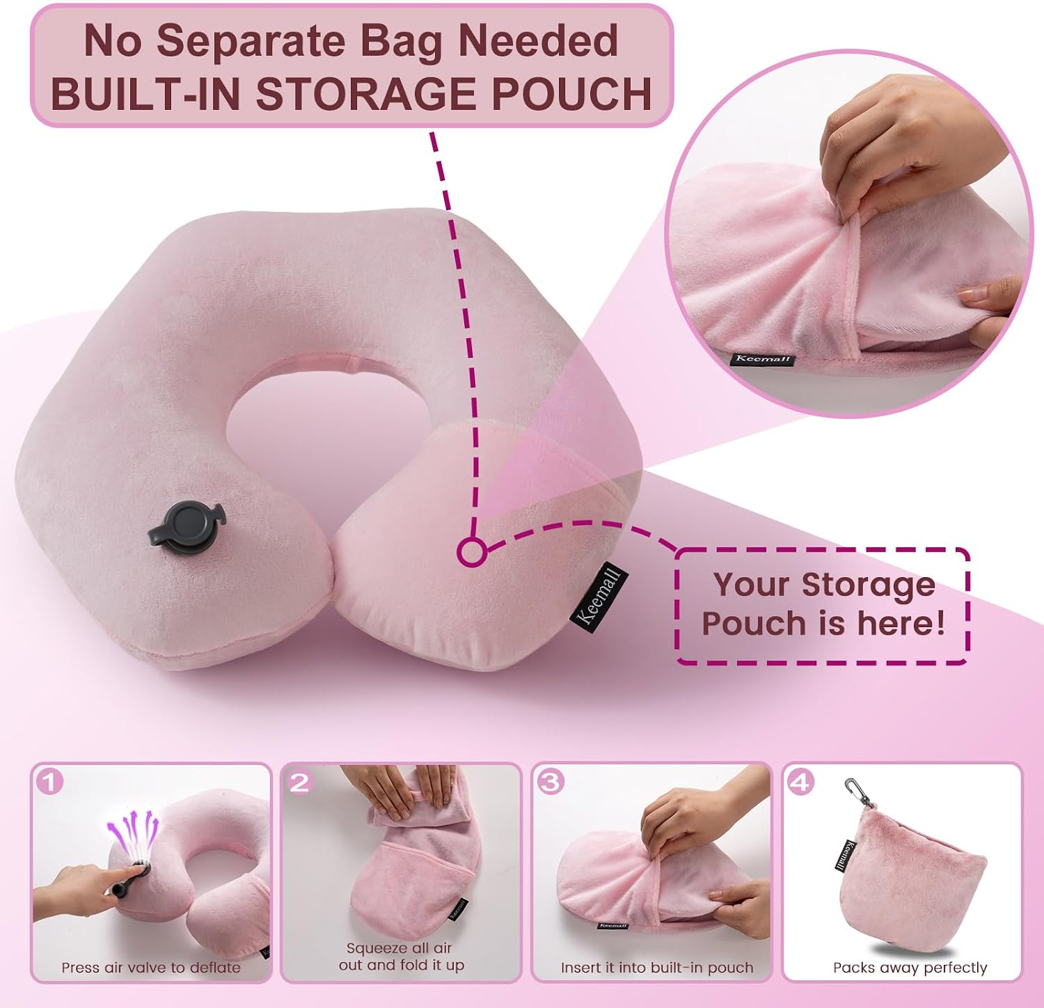 Keemall Inflatable Neck Pillow, Premium Pink U-Shaped Travel Pillow with Soft Washable Cover, Compact Portable Airplane Travel Essentials…