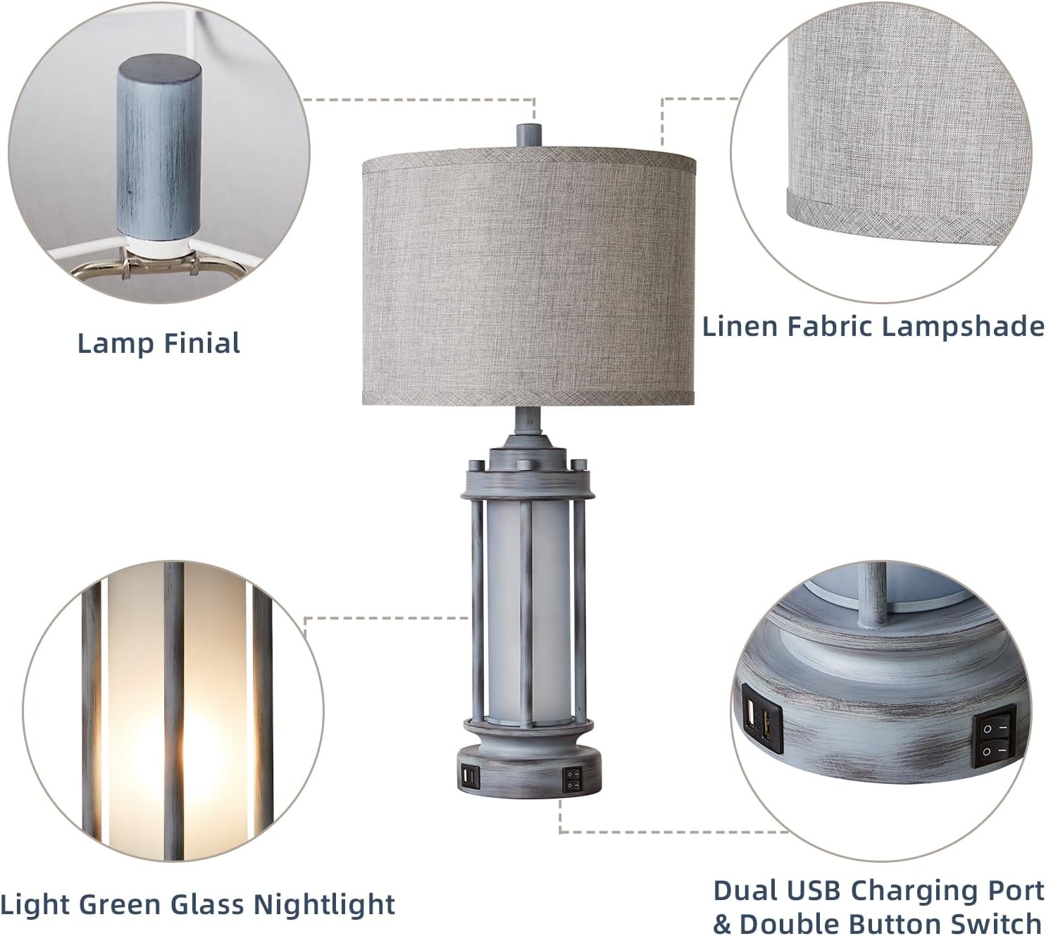Aieampdo Rustic Table Lamp for Bedroom Living Room with 2 USB Ports, Farmhouse Vintage Nightstand Lamp 25'' with Light Green Glass Nightlig…