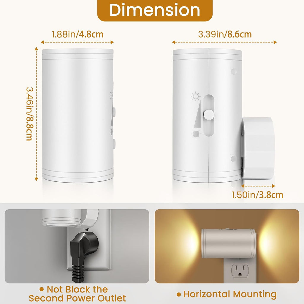 4 Pack LED Plug-in Wall Night Light with Dimmable 0-300 Lumens, 3000K Soft White, Auto On/Off Light Sensor & Adjustable Head for Hallway…