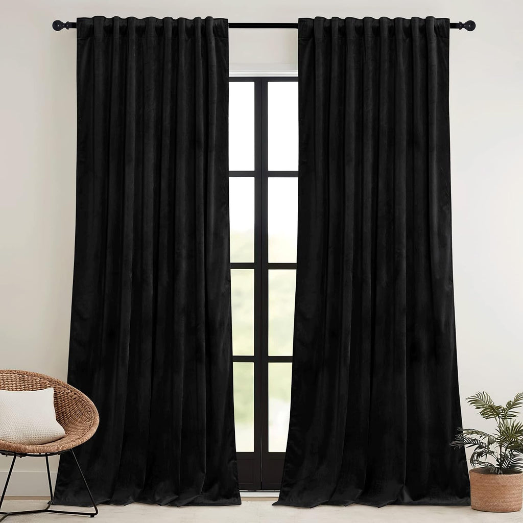 Rybhome RYB HOME Velvet Blackout Curtains for Bedroom - Black Super Soft Room Darkening Thermal Insulating Window Drapes for Living Room Di…