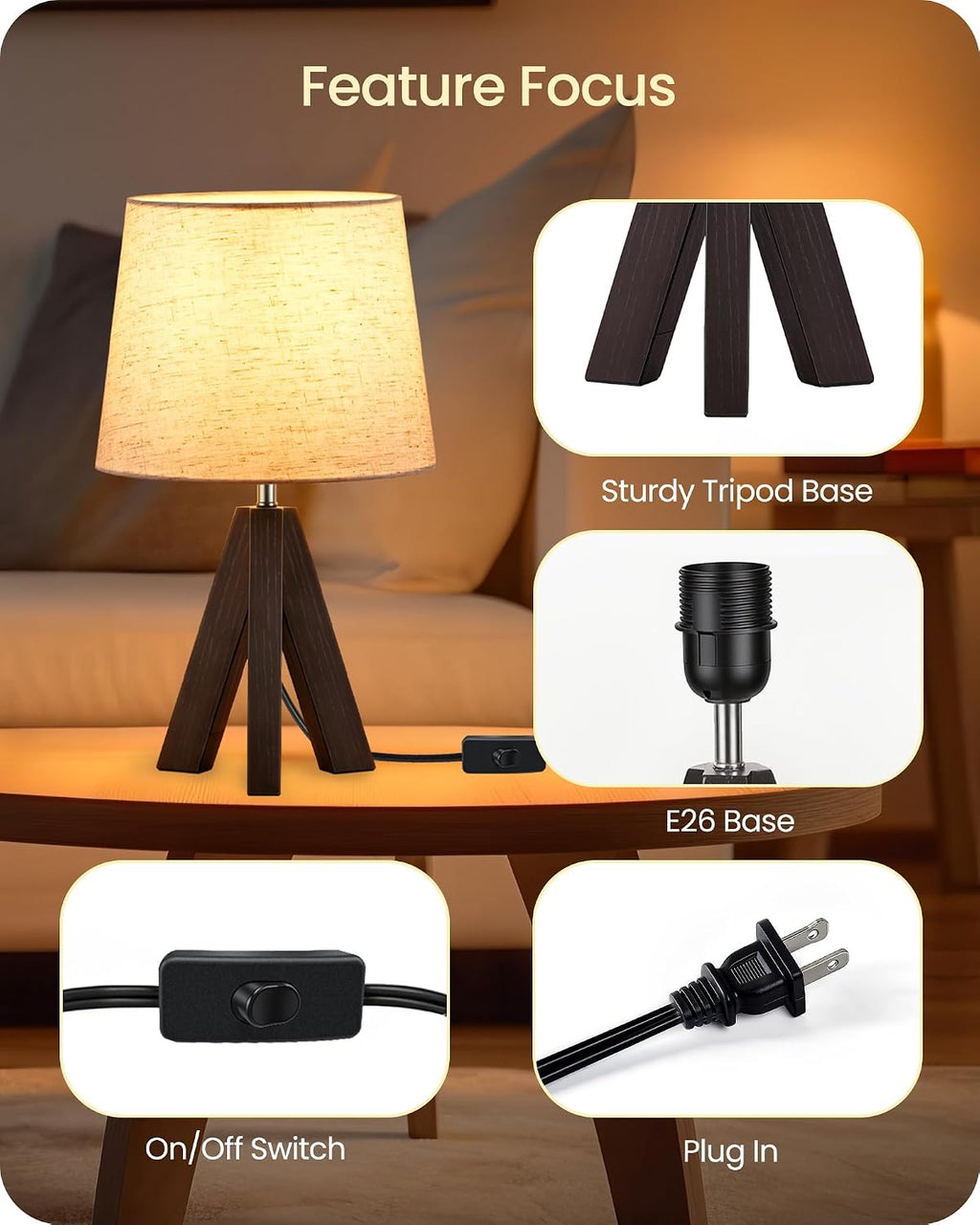 Tripod Table Lamp, 14.6 Inch Small Bedside Lamp with Beige Linen Shade & Dark Walnut Base, Modern Nightstand Lamp for Bedroom, Kids Room…