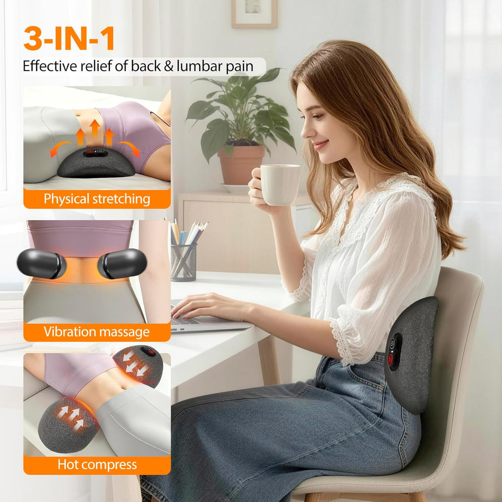 Walfite 2026 Upgraded Smooth Triple 3-in-1 Lumbar Support Pillow – Portable Electric Back Massager with Heat, Vibration & Stretching for Hom…