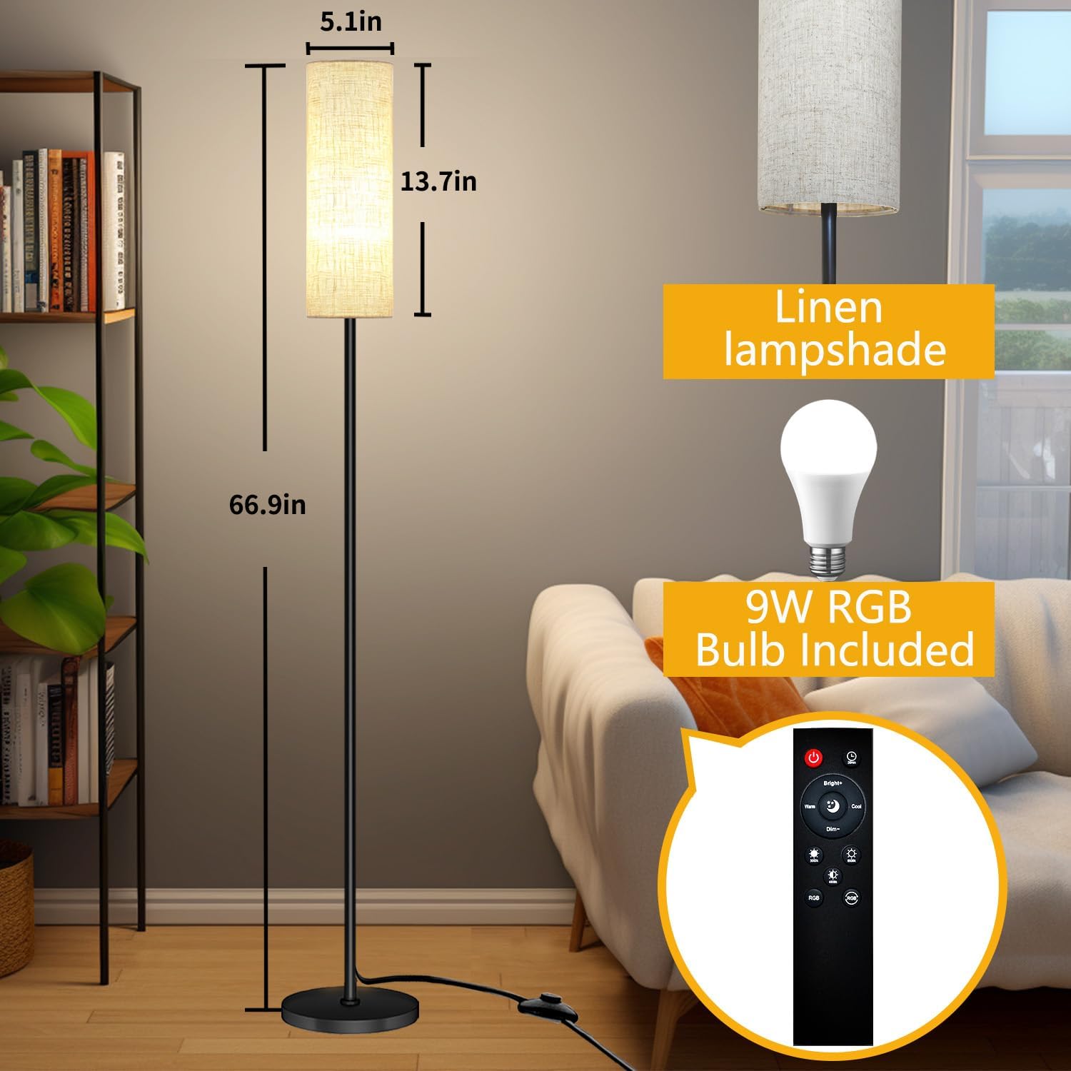 Qaubauyt Smart LED Floor Lamp with APP Control & RGB Colors - Dimmable Standing Lamp for Living Room, Bedroom, Gaming - Remote, Timer, 9W…