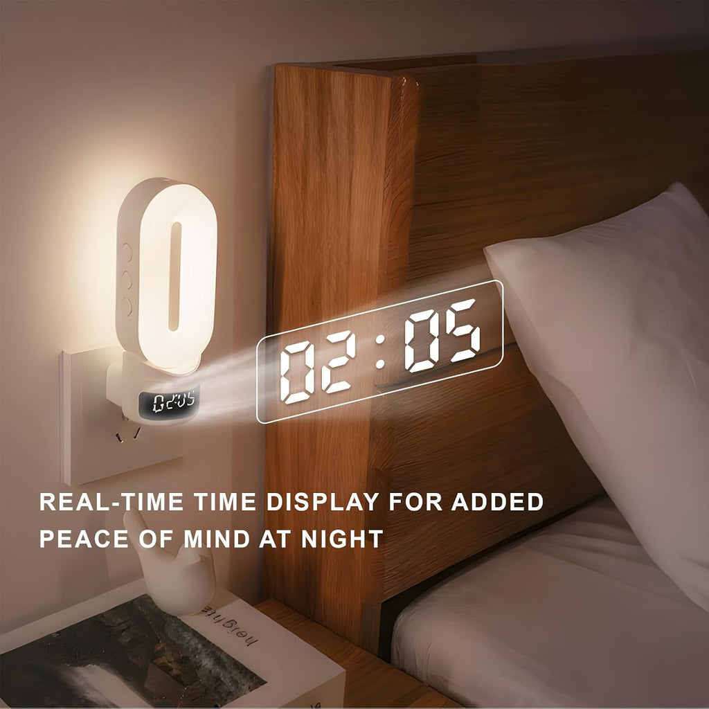 LED Night Light Plug in Wall with Digital Clock, Remote Control, 350° Rotatable Head, Adjustable Brightness, Warm White Lamp for Bedroom…