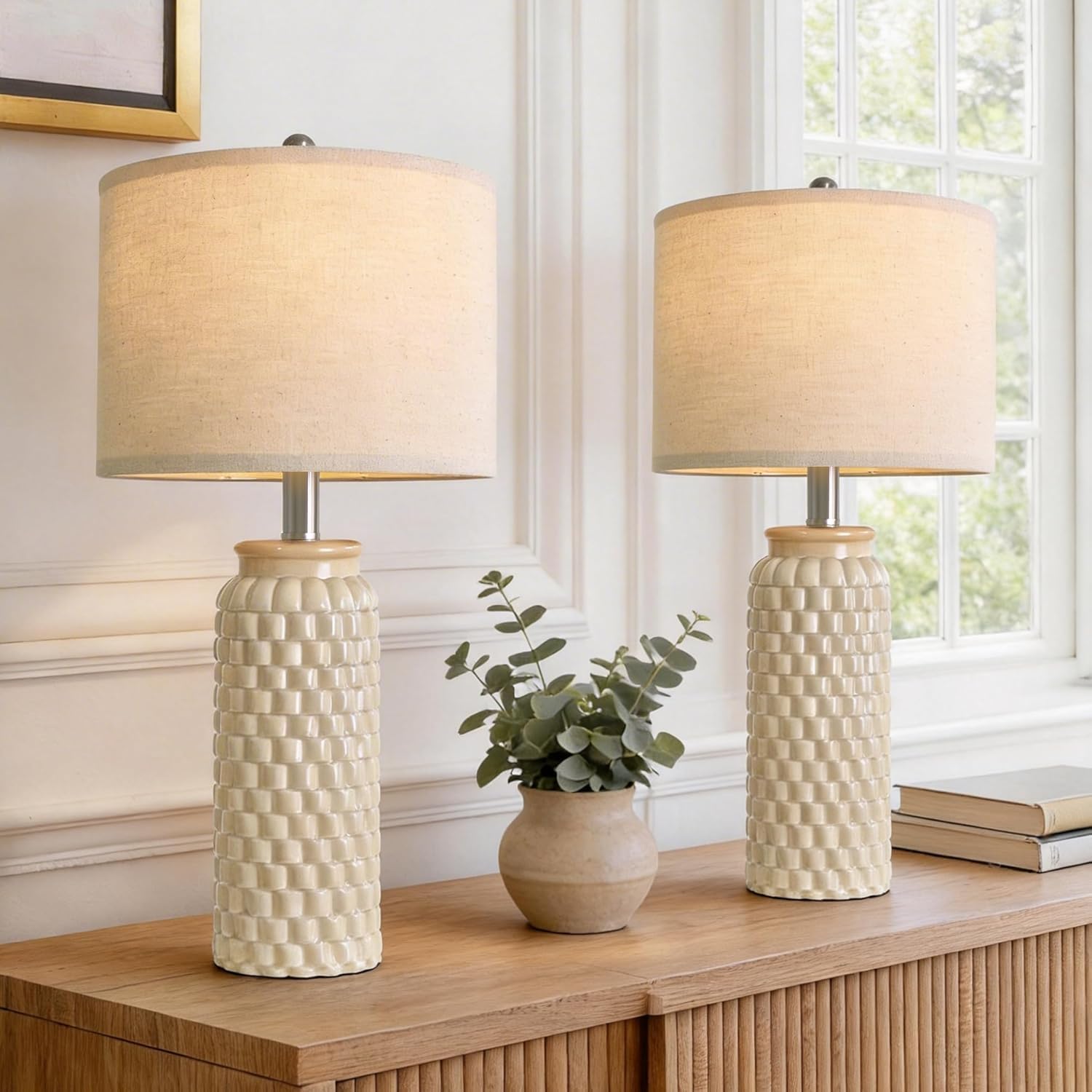 USumkky 24" Modern Ceramic Bedside Lamp Set of 2 for Bedroom Decor Farmhouse Table Lamp for Living Room Office Dorm Cream
