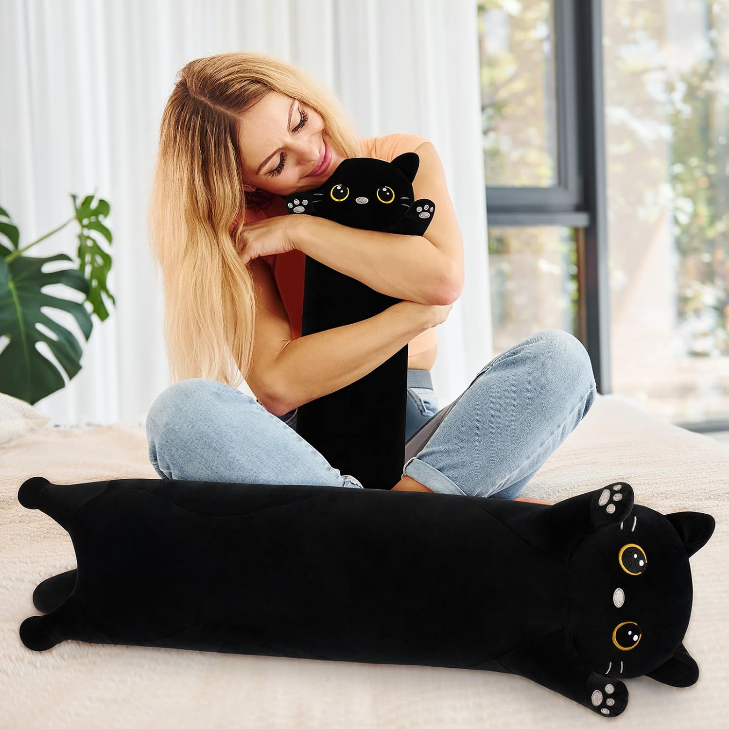 Cat Stuffed Animal-20” Black Cat Plush, Cute Plushies Animal Body Pillow, Kawaii Plush Toys Animals Gifts, Soft Animals Sleeping Hugging…