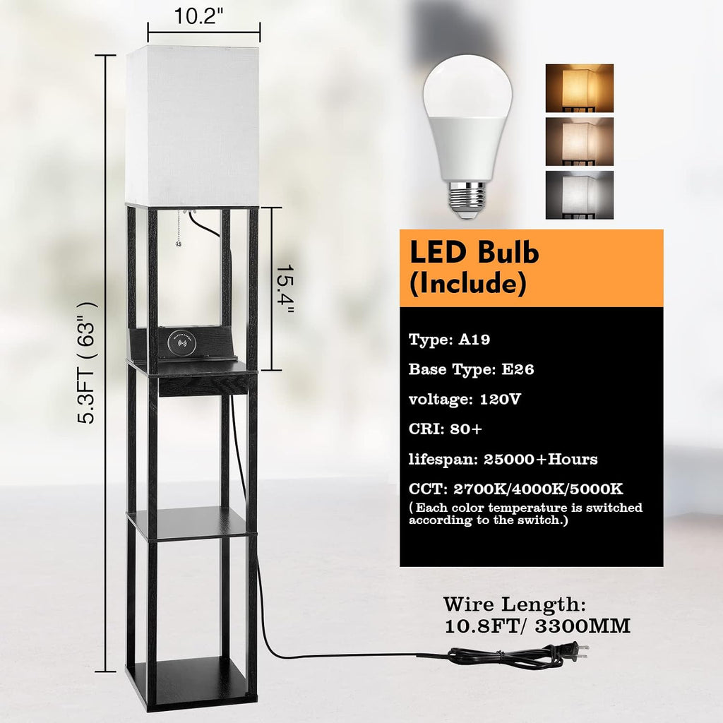 Floor Lamp with Shelves, RUNTOP LED Shelf Floor Lamp with Wireless Charger & 2 Charging USB Ports & Drawer, AC Outlet, 3 Color…