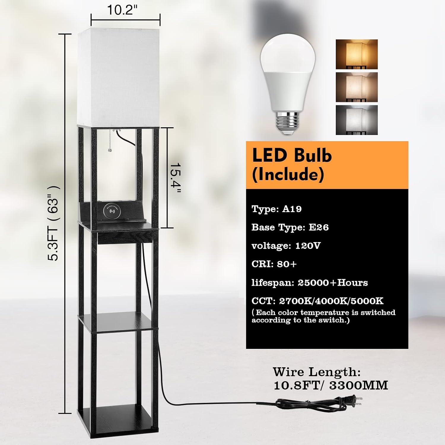 Floor Lamp with Shelves, RUNTOP LED Shelf Floor Lamp with Wireless Charger & 2 Charging USB Ports & Drawer, AC Outlet, 3 Color…
