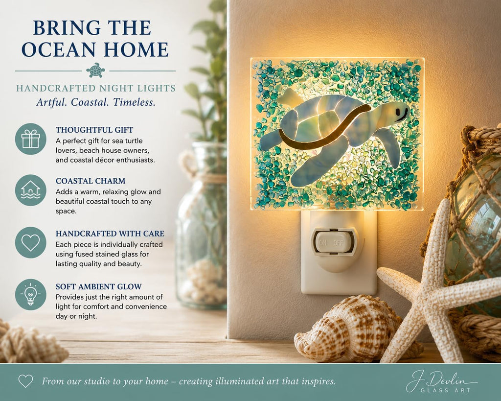J Devlin Glass Art Sea Turtle Night Light – Handcrafted Fused Stained Glass Coastal Plug in Lamp for Bathroom, Nursery, Beach House Decor