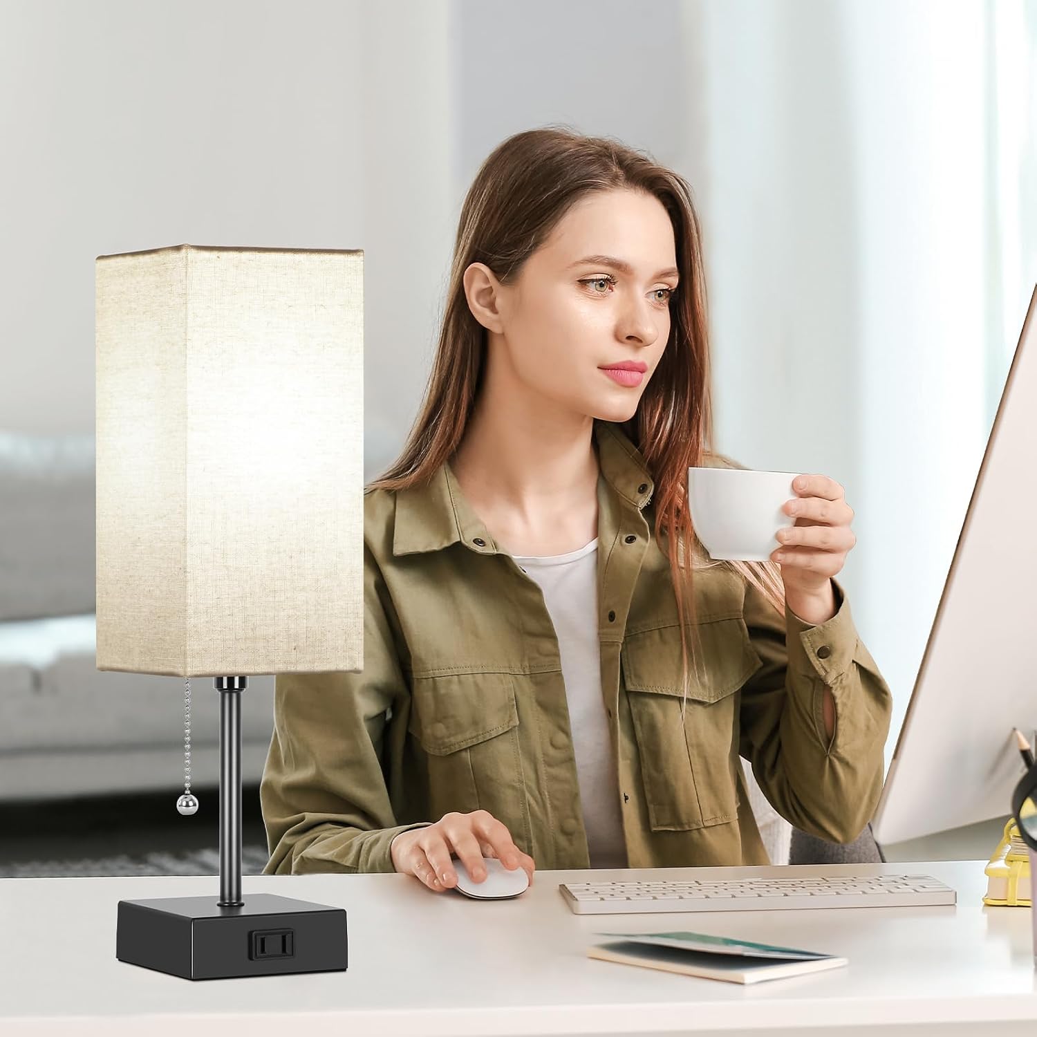 15'' Table Lamp for Bedroom set of 2,3-Color Bedside Lamps with Pull Chain Table Lamps for Night stands with AC Outlet, Small Night Light…